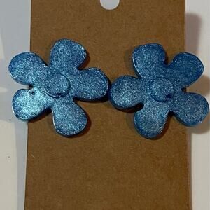 Handmade epoxy resin large‎ flower earrings - blue shimmer